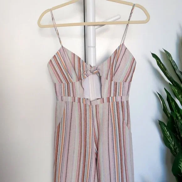6 Shore Road Bayside Linen Striped Wide Leg Jumpsuit w Tie & Keyhole Front XS